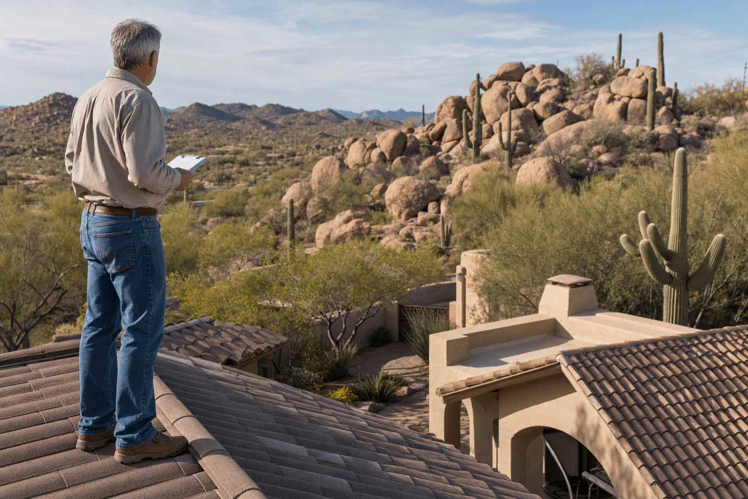 Senior estimator reviewing roof exposure and desert lot conditions in Cave Creek.
