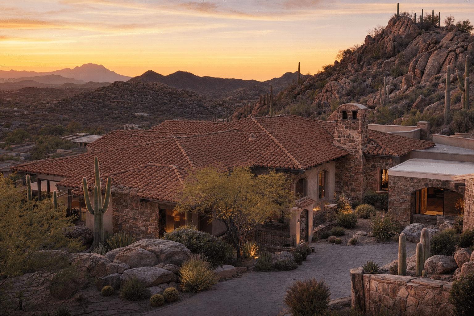Desert-rustic Cave Creek estate home with clay tile roof on a hillside lot at golden hour.
