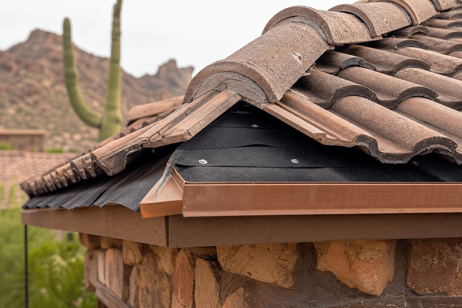 Concrete tile roof detail with copper flashing and desert ridge exposure.